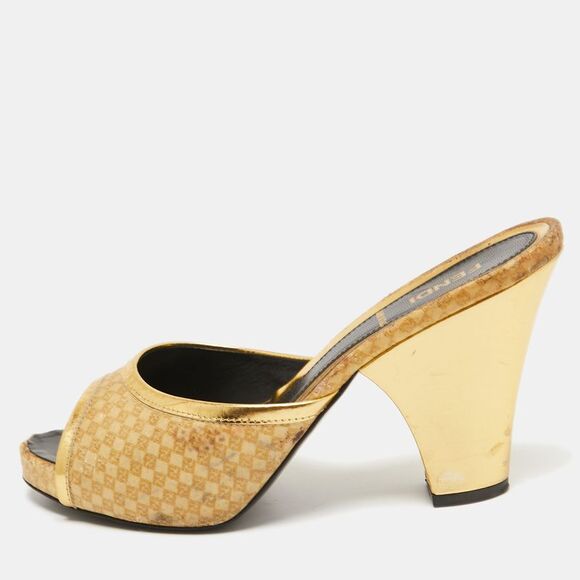Fendi Gold Leather And Printed Fabric Open Toe Sandals Size 36